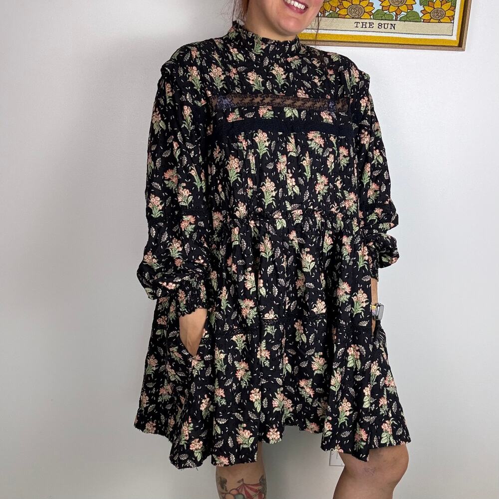 Anthropologie Pilcro black long sleeve floral high neck dress size XL - Picture 2 of 7